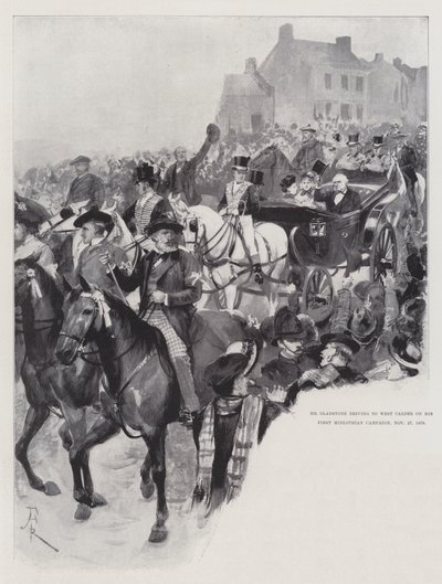Mr Gladstone die naar West Calder rijdt tijdens zijn Eerste Midlothian Campagne, 27 november 1879 door Amedee Forestier